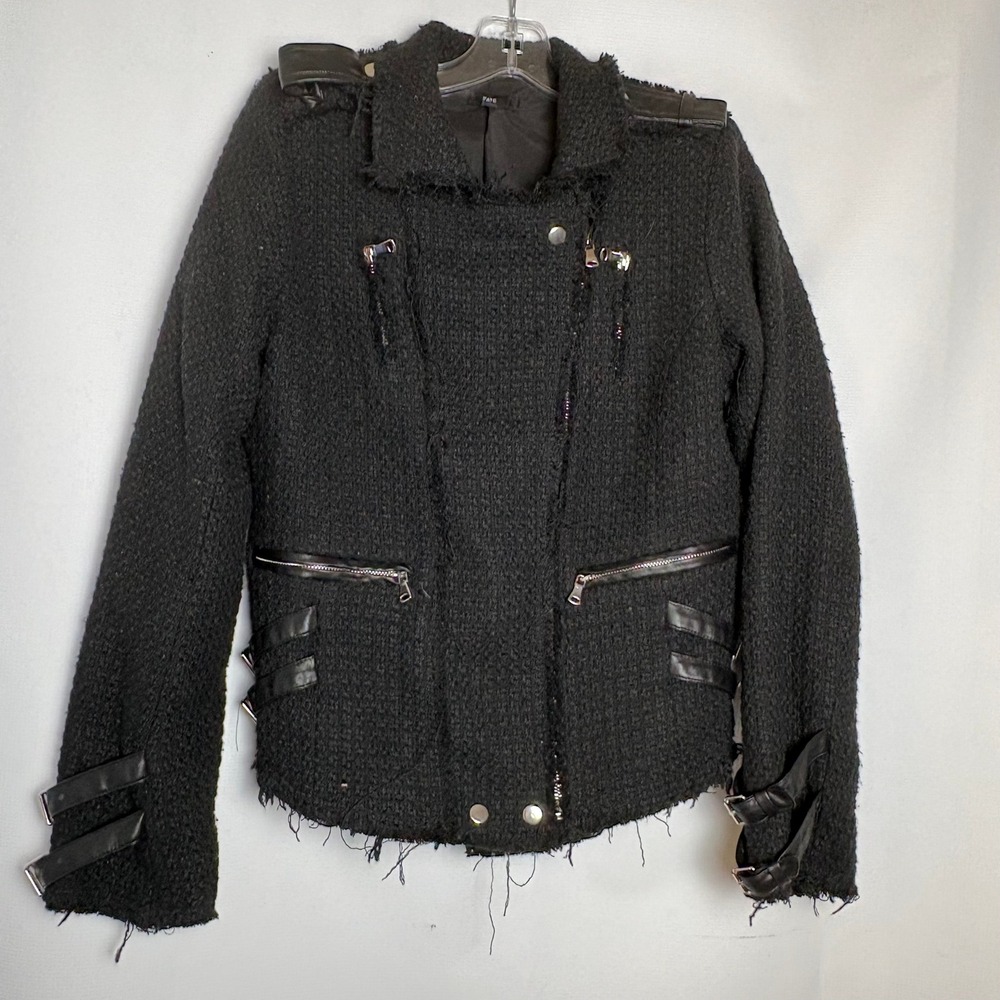 FATE Womens Black Wool Blend Moto Jacket Frayed Boucle Biker Small‎ Goth Street